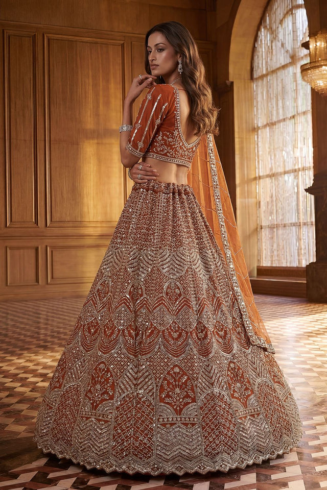 Orange Embroidered Net Lehenga (ACA8171)