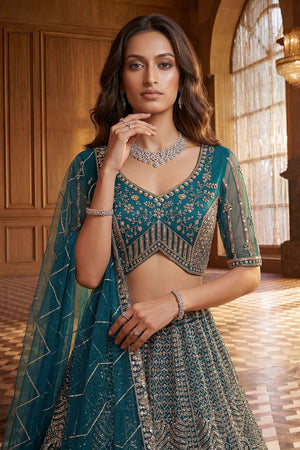 Turquoise Embroidered Net Lehenga (ACA8173)