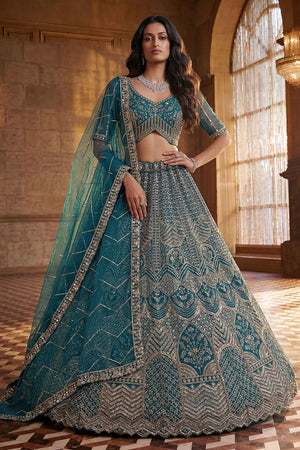 Turquoise Embroidered Net Lehenga (ACA8173)