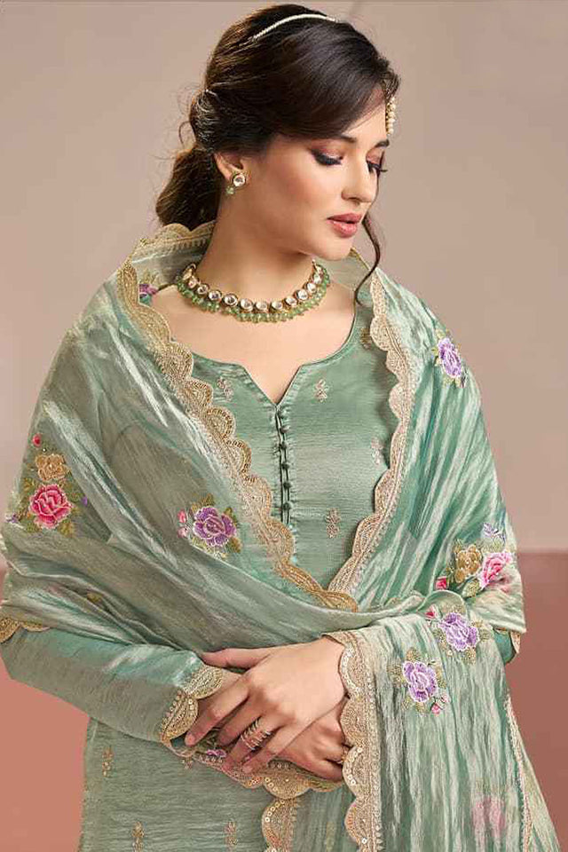 Sea Green Floral Embroidered Silk Kurti Pant Set (ACA8175)