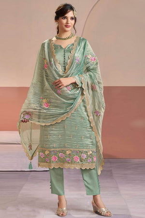 Sea Green Floral Embroidered Silk Kurti Pant Set (ACA8175)