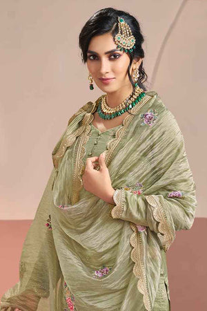 Green Floral Embroidered Silk Kurti Pant Set (ACA8176)