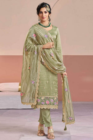 Green Floral Embroidered Silk Kurti Pant Set (ACA8176)