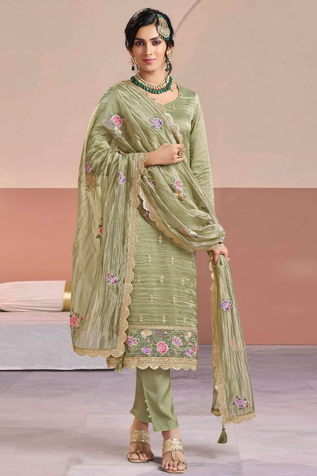 Green Floral Embroidered Silk Kurti Pant Set (ACA8176)