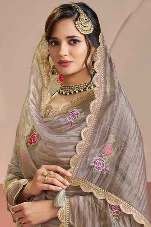 Grey Floral Embroidered Silk Kurti Pant Set (ACA8177)
