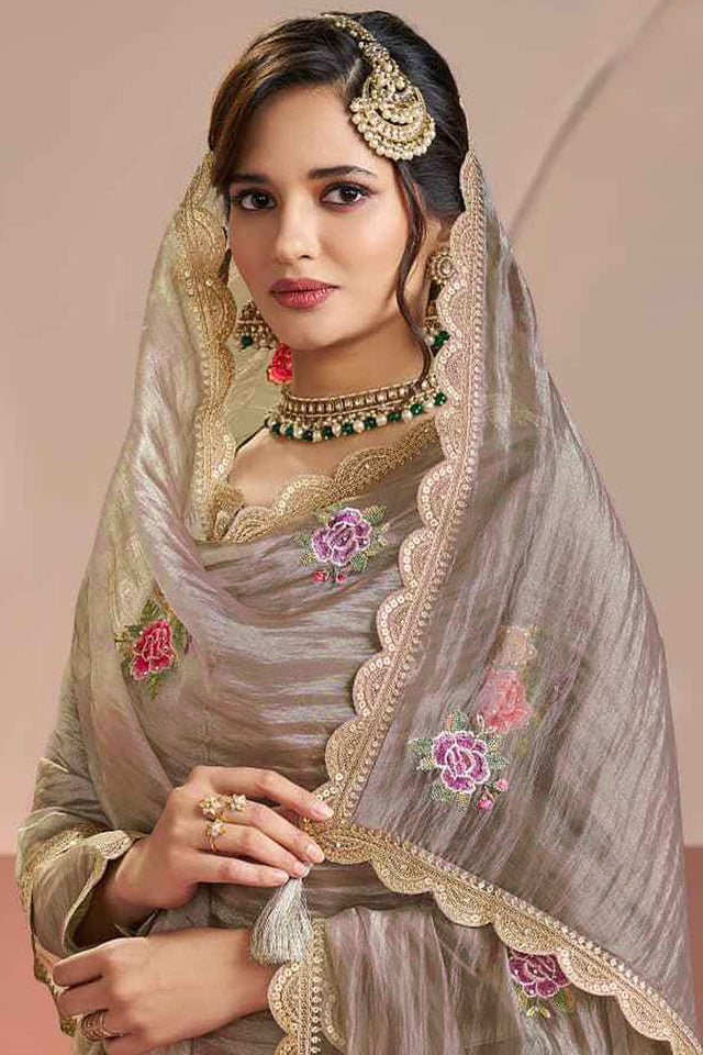 Grey Floral Embroidered Silk Kurti Pant Set (ACA8177)