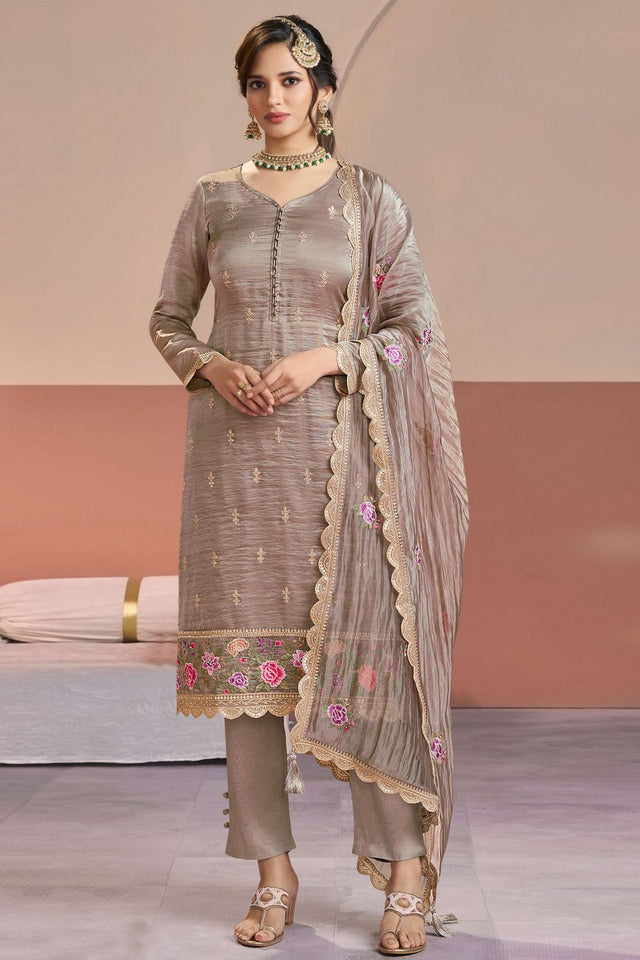 Grey Floral Embroidered Silk Kurti Pant Set (ACA8177)