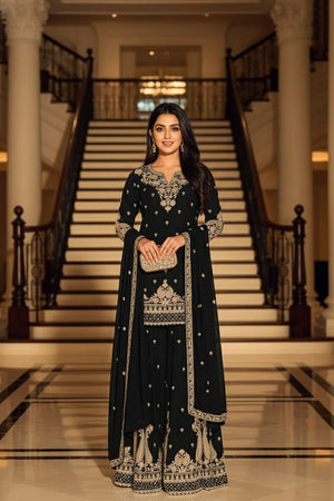 Black Embroidered Chinon Sharara Suit (ACA8238)