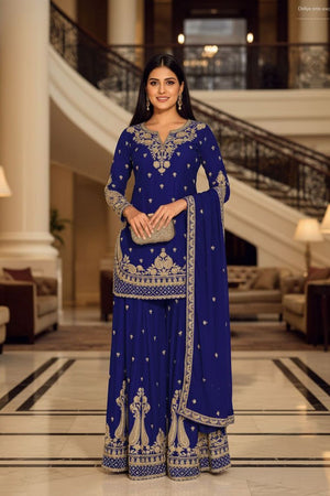 Blue Embroidered Chinon Sharara Suit (ACA8240)