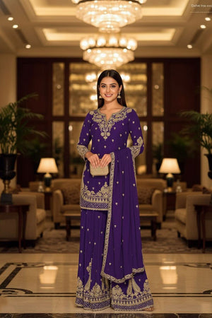 Violet Embroidered Chinon Sharara Suit (ACA8242)
