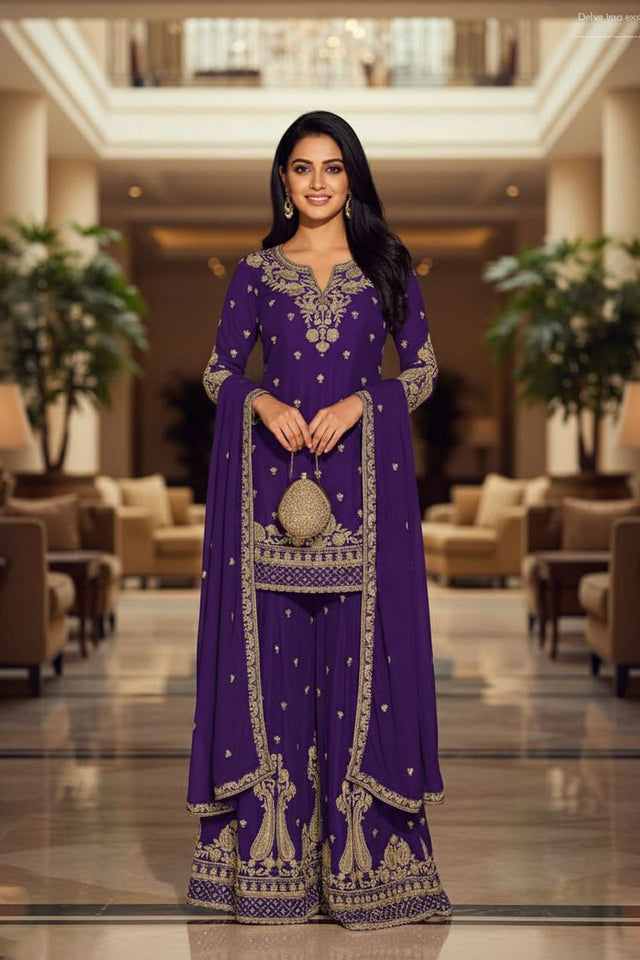 Violet Embroidered Chinon Sharara Suit (ACA8242)