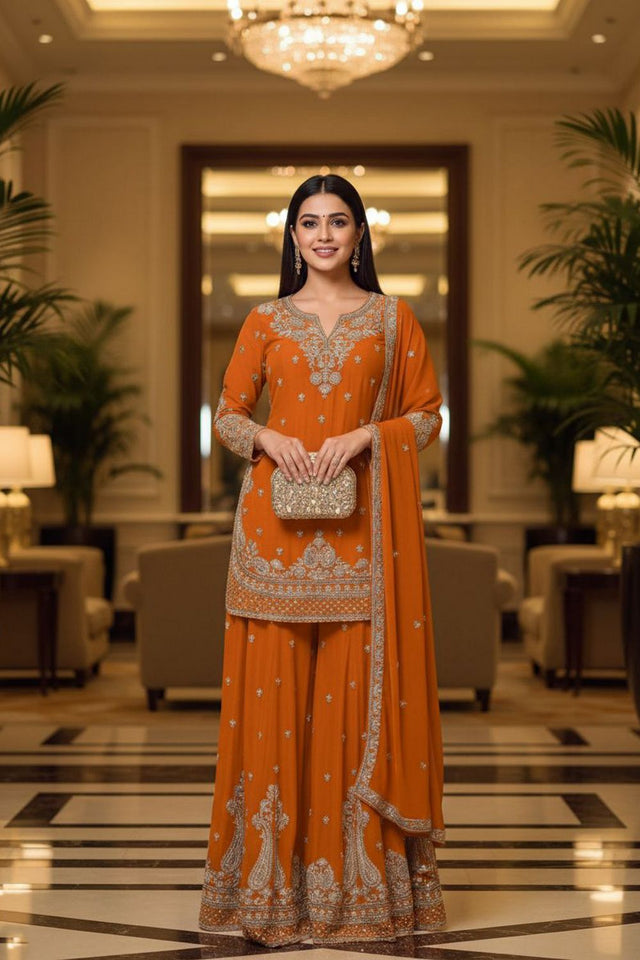 Mustard Embroidered Chinon Sharara Suit (ACA8243)