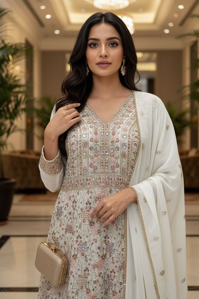 White Embroidered Georgette Gown (ACA8244)