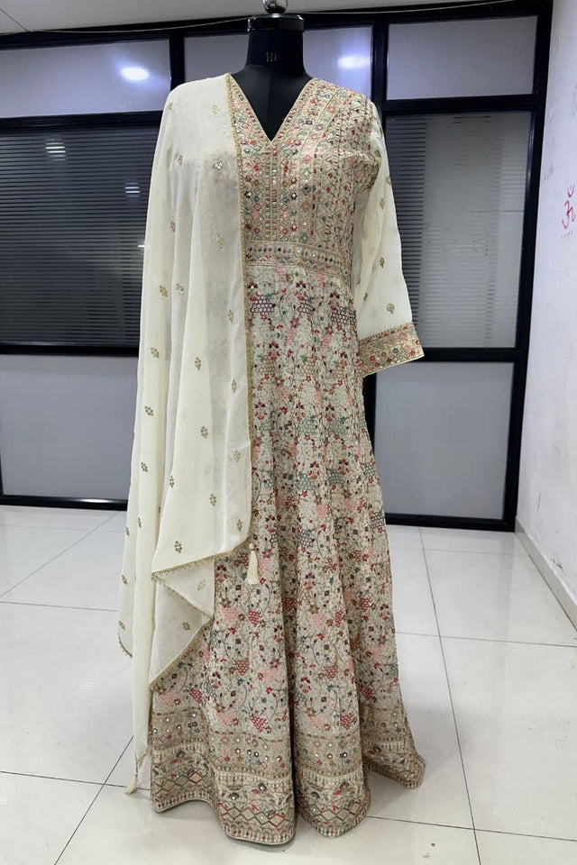 White Embroidered Georgette Gown (ACA8244)