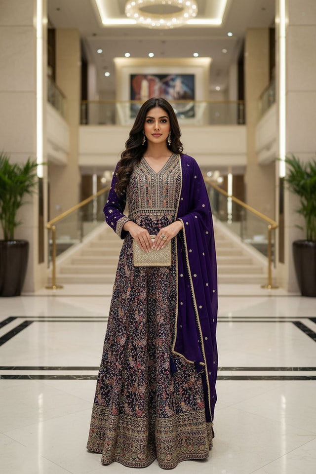 Violet Embroidered Georgette Gown (ACA8246)