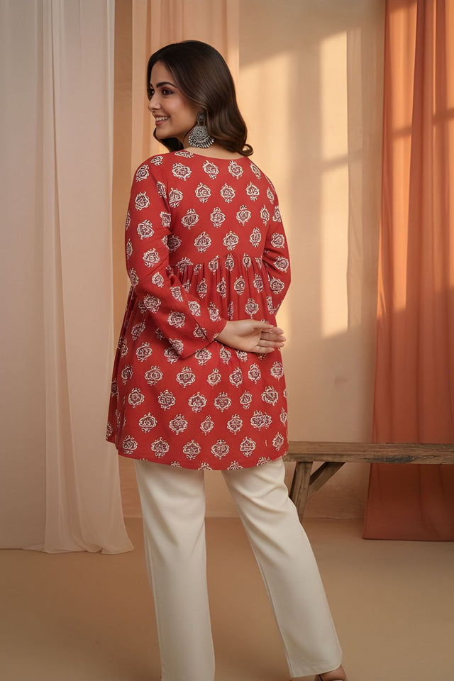 Red Printed Cotton Short Kurti (ACY8258)