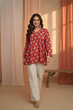 Red Printed Cotton Short Kurti (ACY8258)
