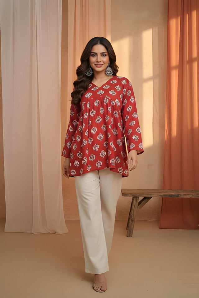 Red Printed Cotton Short Kurti (ACY8258)