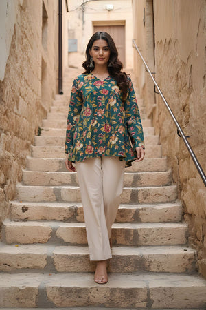 Green Printed Cotton Short Kurti (ACY8259)