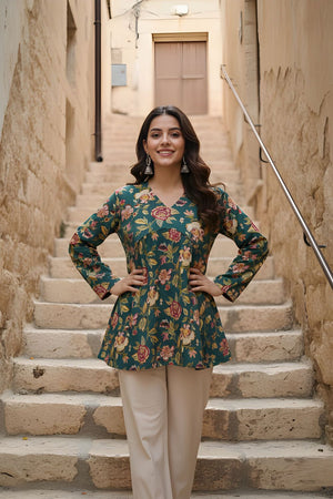 Green Printed Cotton Short Kurti (ACY8259)