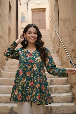 Green Printed Cotton Short Kurti (ACY8259)
