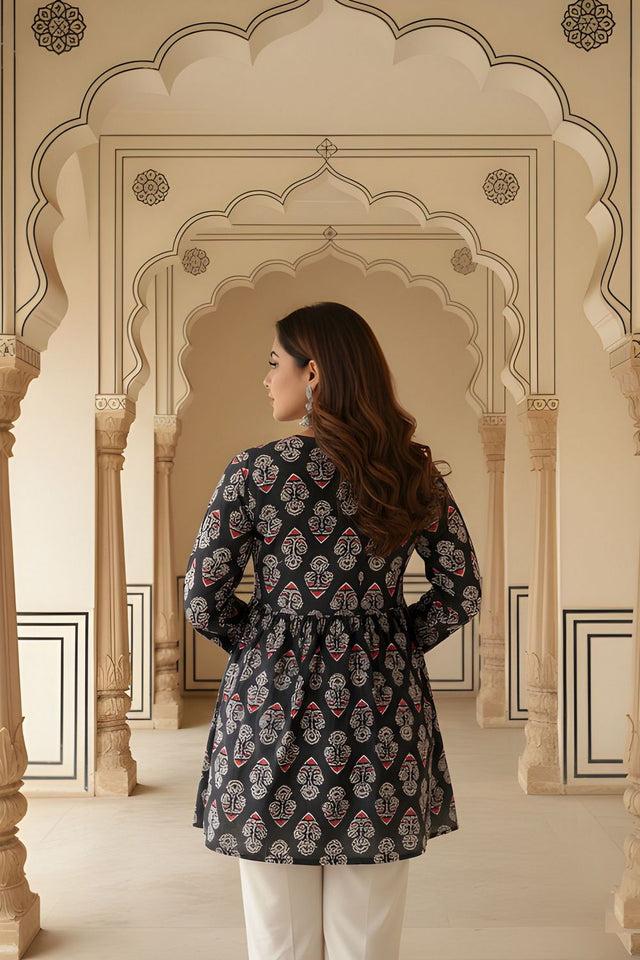 Black Printed Rayon Short Kurti (ACY8262)