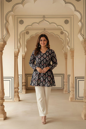 Black Printed Rayon Short Kurti (ACY8262)