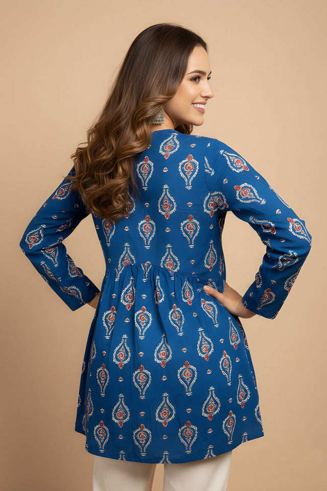 Blue Printed Cotton Short Kurti (ACY8265)