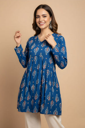 Blue Printed Cotton Short Kurti (ACY8265)