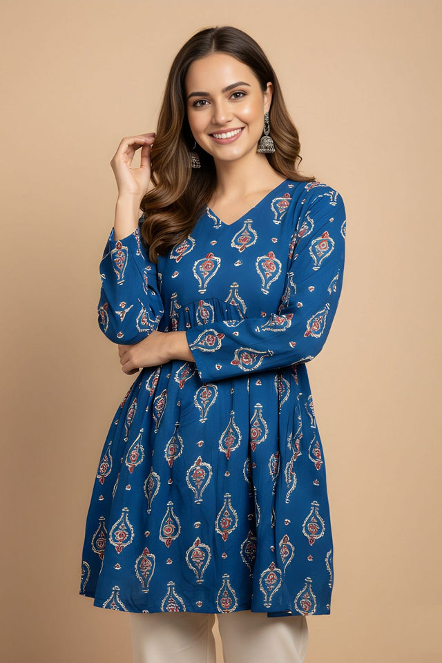 Blue Printed Cotton Short Kurti (ACY8265)