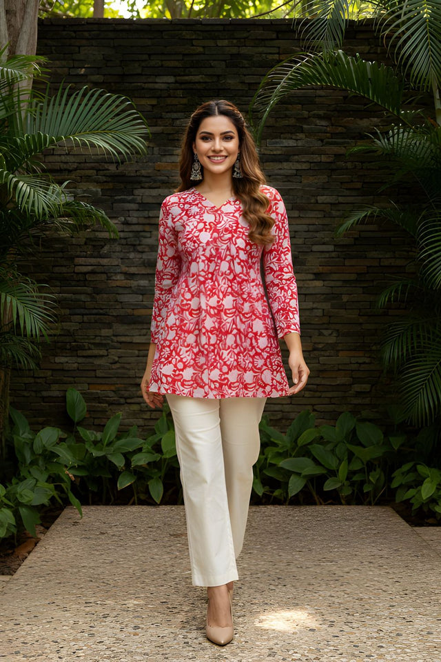 Red Printed Cotton Short Kurti (ACY8267)