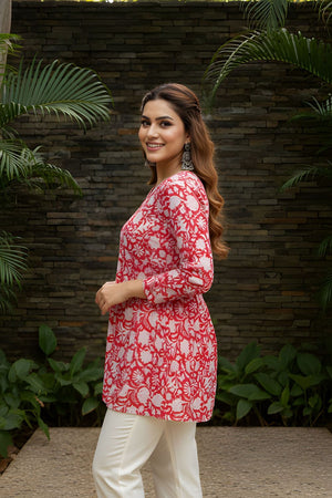 Red Printed Cotton Short Kurti (ACY8267)