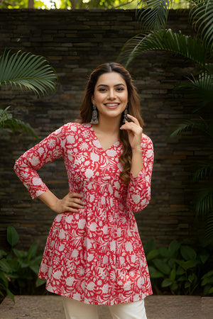 Red Printed Cotton Short Kurti (ACY8267)