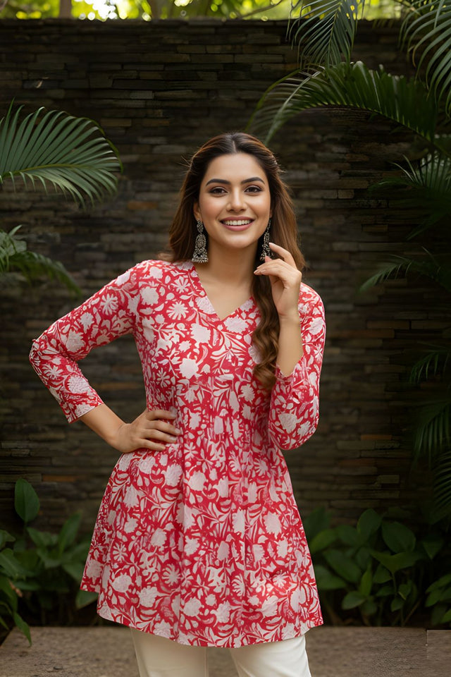 Red Printed Cotton Short Kurti (ACY8267)