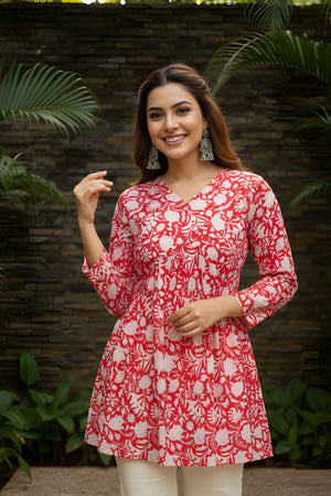 Red Printed Cotton Short Kurti (ACY8267)