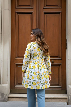 Yellow Printed Cotton Short Kurti (ACY8269)
