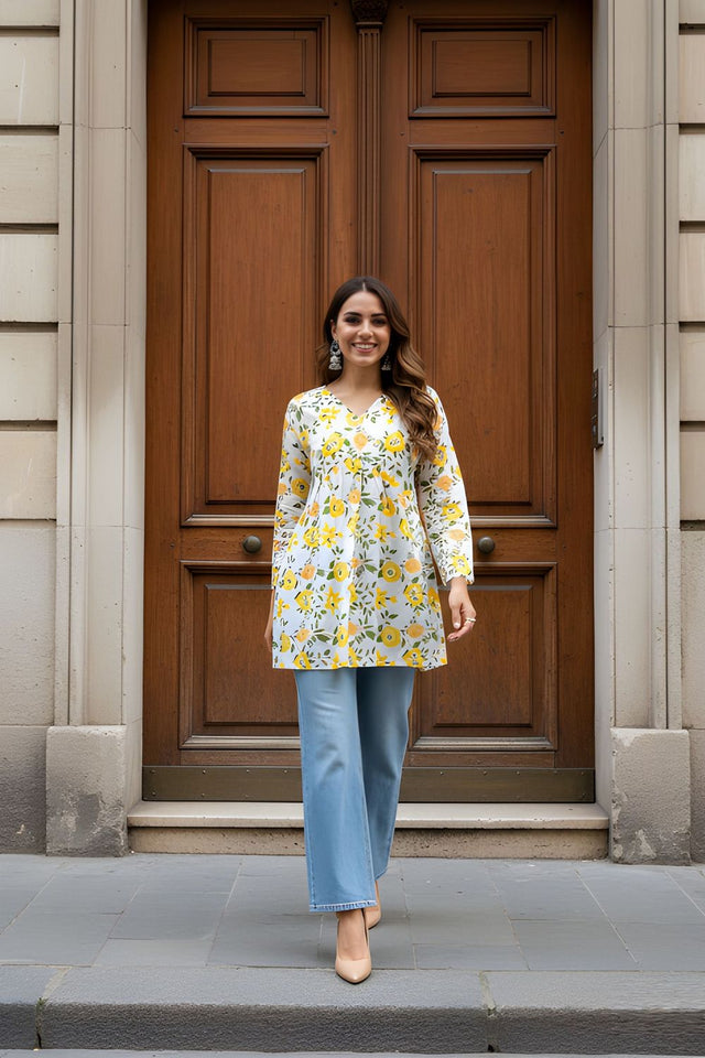 Yellow Printed Cotton Short Kurti (ACY8269)