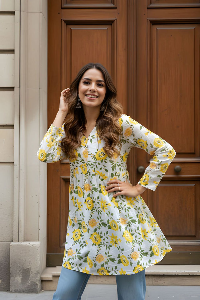 Yellow Printed Cotton Short Kurti (ACY8269)
