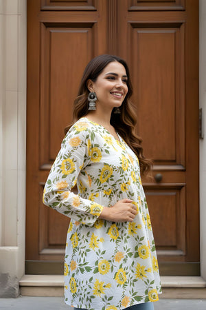 Yellow Printed Cotton Short Kurti (ACY8269)