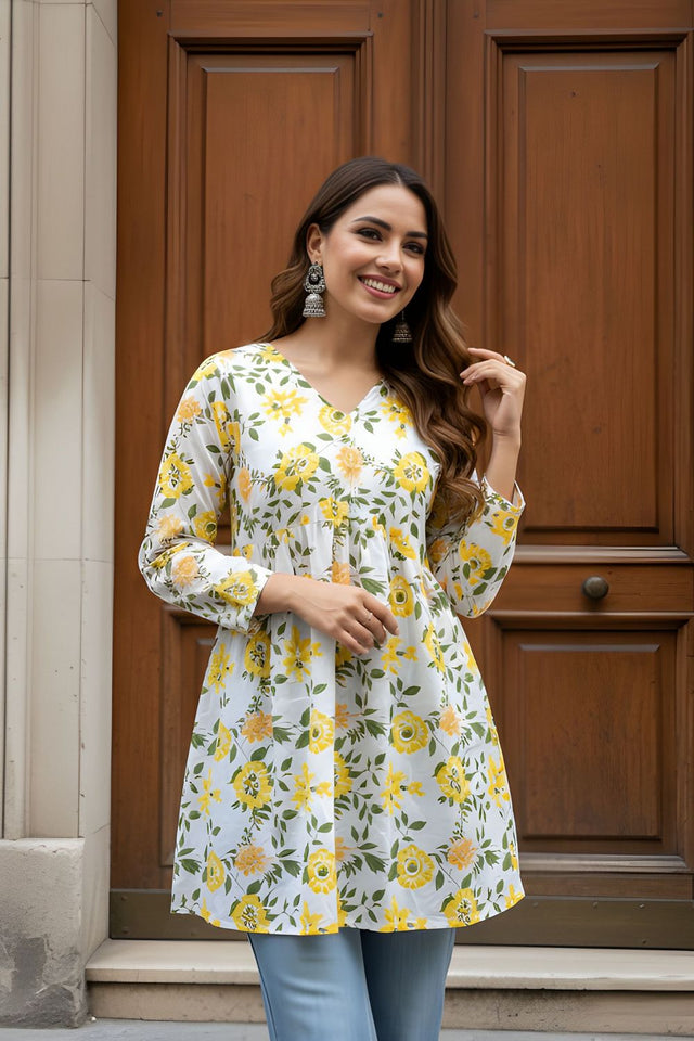 Yellow Printed Cotton Short Kurti (ACY8269)