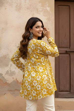Mustard Printed Cotton Short Kurti (ACY8270)