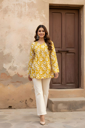 Mustard Printed Cotton Short Kurti (ACY8270)