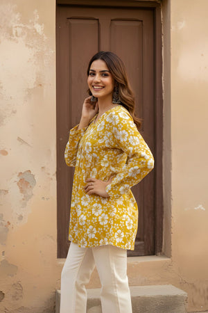 Mustard Printed Cotton Short Kurti (ACY8270)