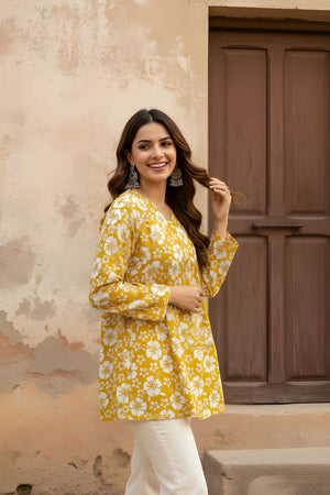 Mustard Printed Cotton Short Kurti (ACY8270)