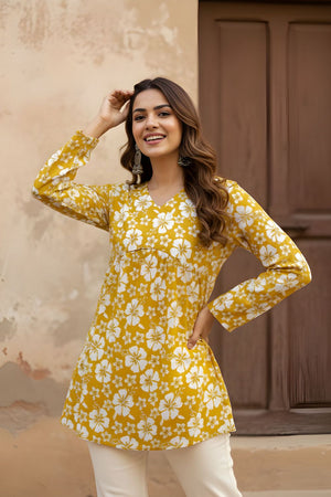 Mustard Printed Cotton Short Kurti (ACY8270)