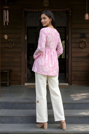 Pink Printed Cotton Short Kurti (ACY8272)