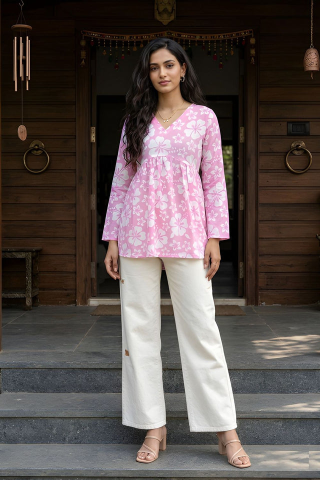 Pink Printed Cotton Short Kurti (ACY8272)