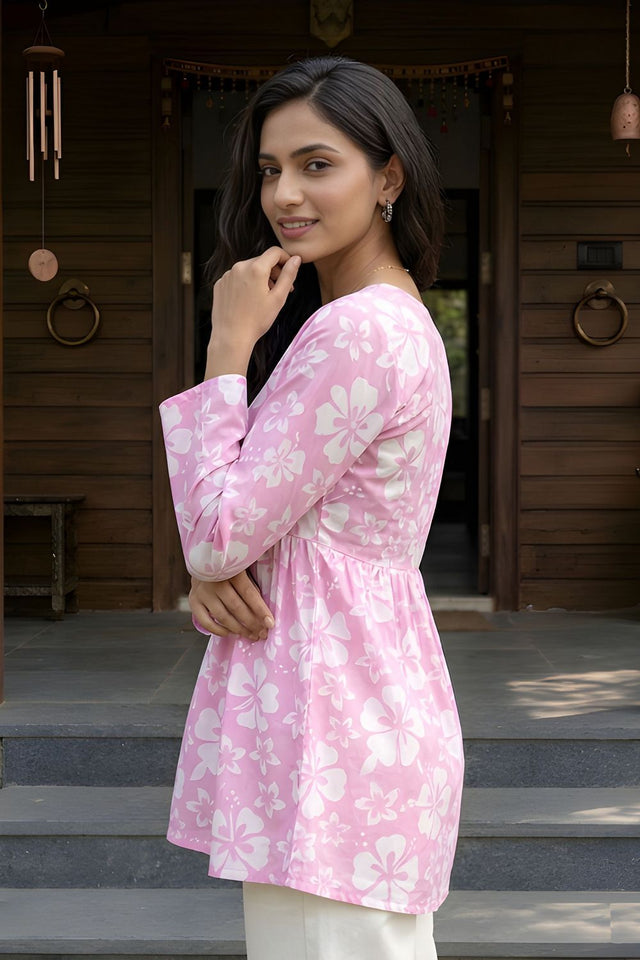 Pink Printed Cotton Short Kurti (ACY8272)