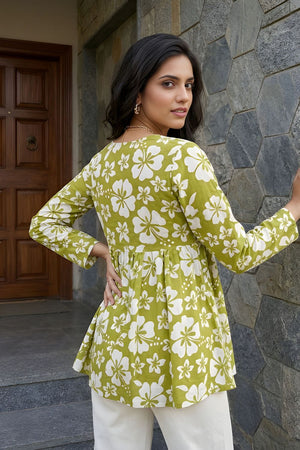 Green Printed Cotton Short Kurti (ACY8274)