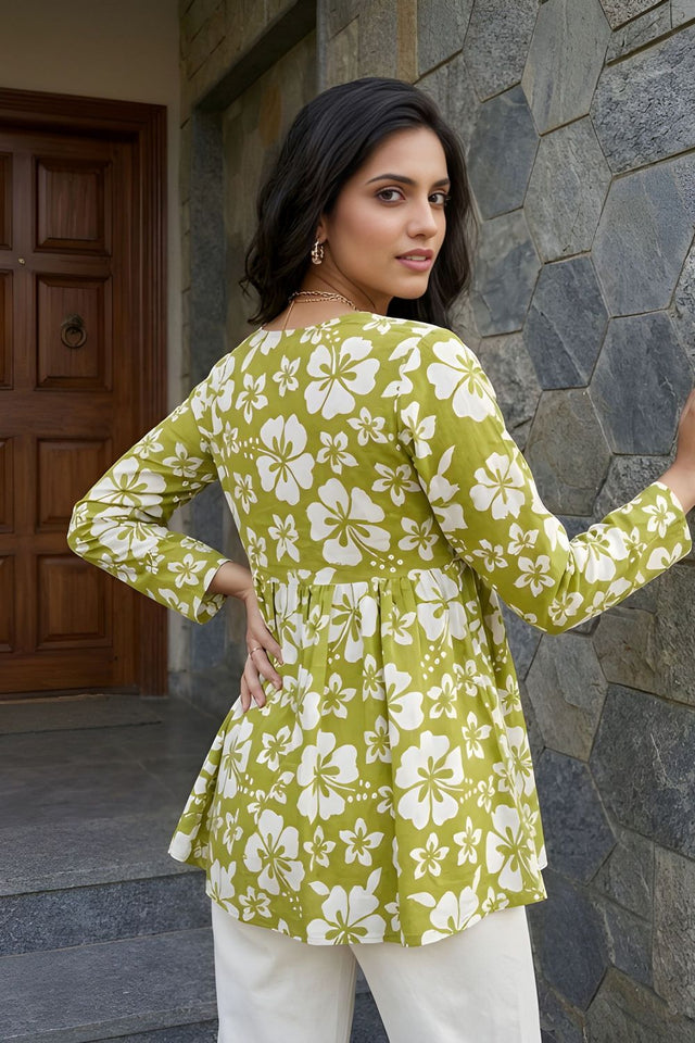 Green Printed Cotton Short Kurti (ACY8274)